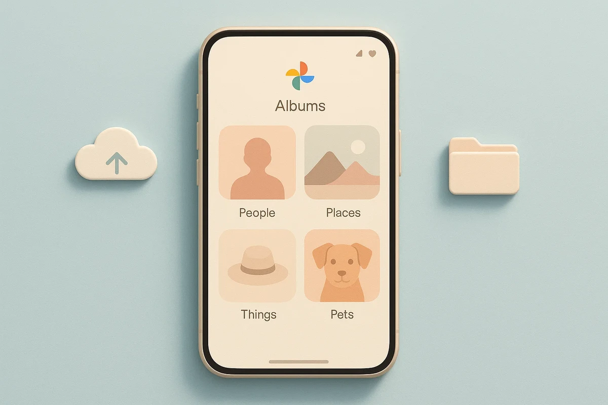 깔끔하게 정리된 구글 포토스 앨범 화면과 스마트폰, 파스텔 블루 배경에서 정돈된 느낌을 주는 구성