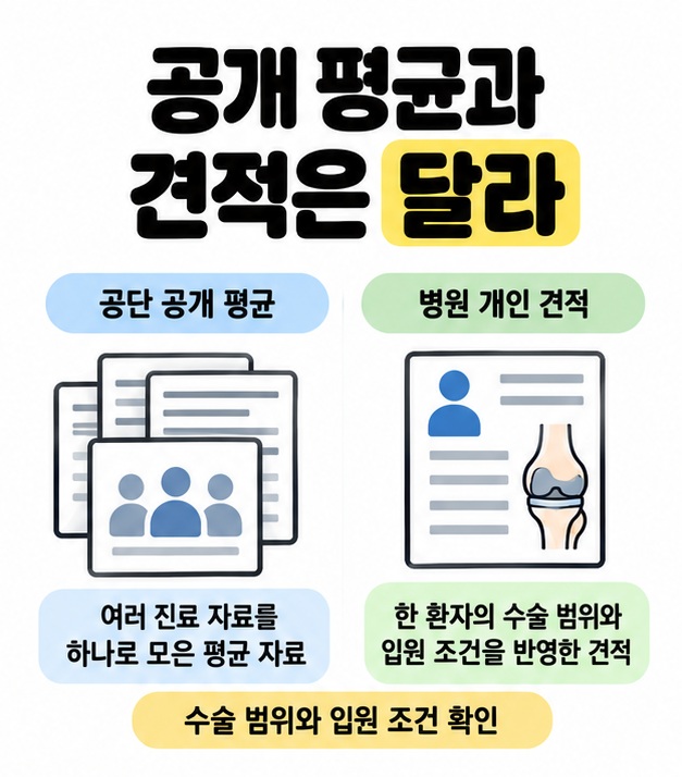 여러 진료 자료를 모은 공단 공개 평균과 한 환자의 수술 범위 및 입원 조건을 반영한 병원 개인 견적을 나란히 비교한 도식.