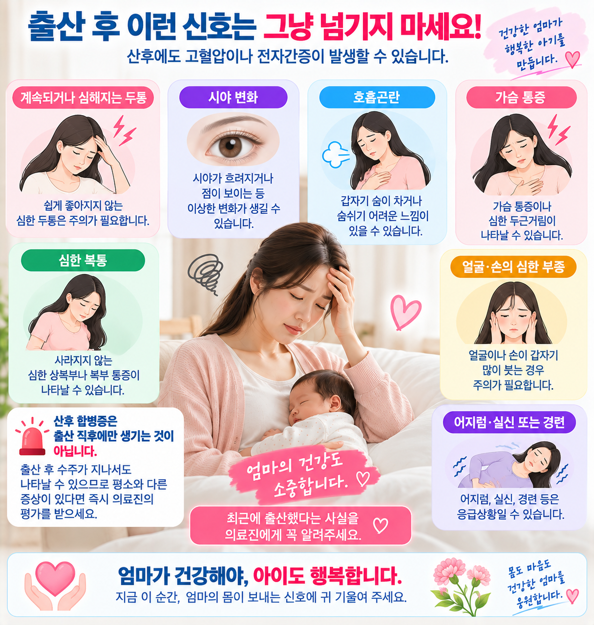 산후 심한 두통, 시야 변화, 호흡곤란, 가슴통증, 복통과 경련의 위험 신호를 모은 그림