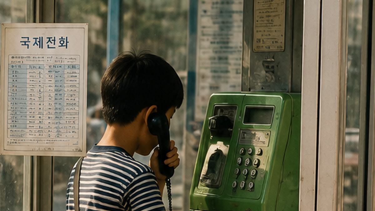 초록색 공중전화 앞에서 수화기를 들고 통화를 준비하는 학생의 모습