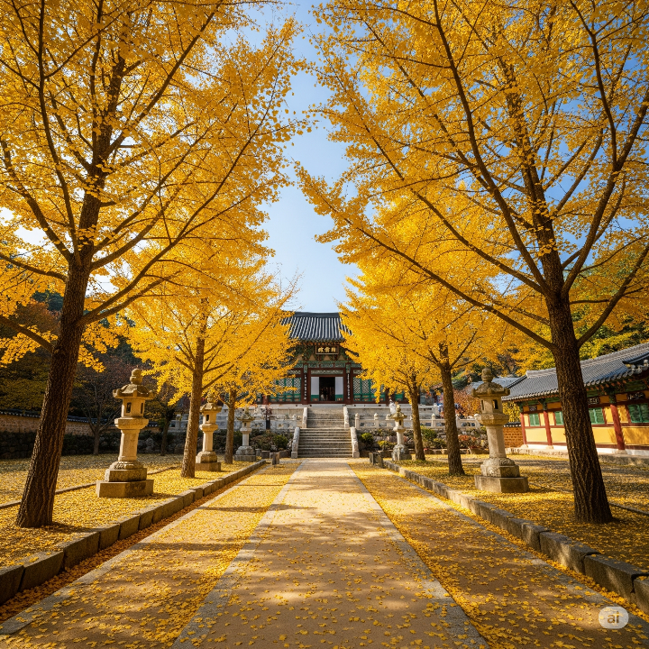 가을 햇살 아래 노랗게 물든 부석사 은행나무길의 아름다운 풍경