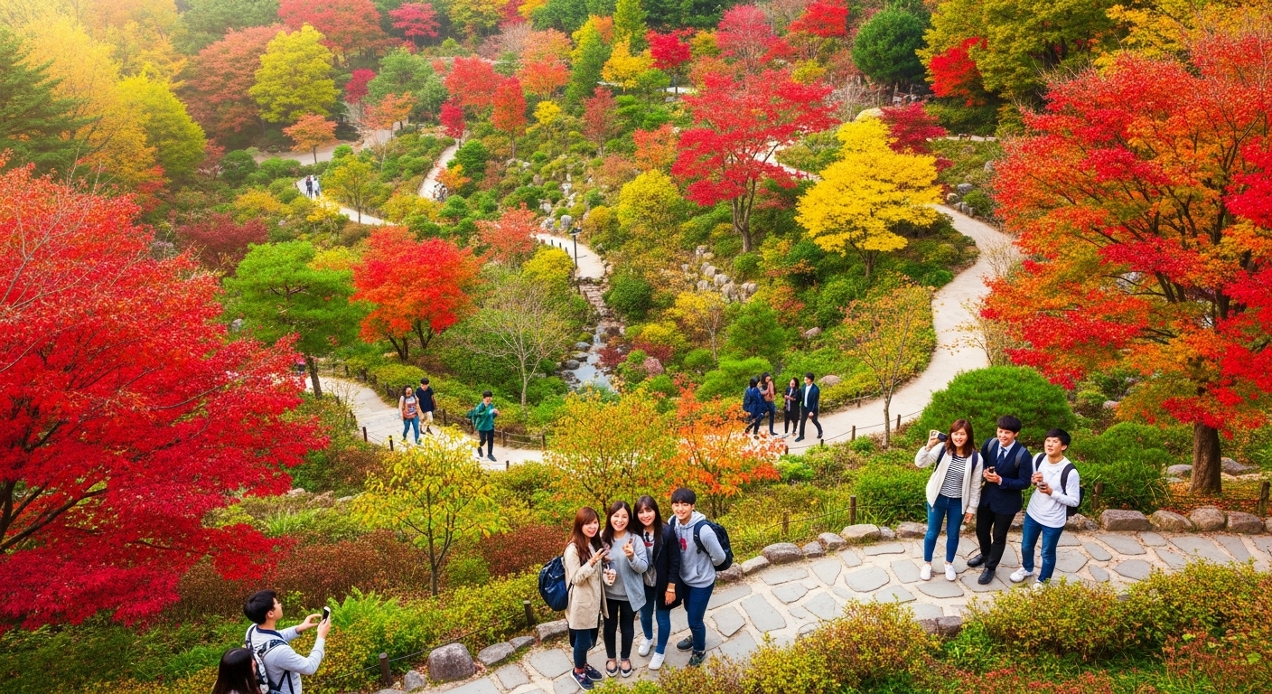 가을 단풍이 아름다운 가평의 남이섬 또는 아침고요수목원 풍경을 배경으로 친구들이 산책하는 모습