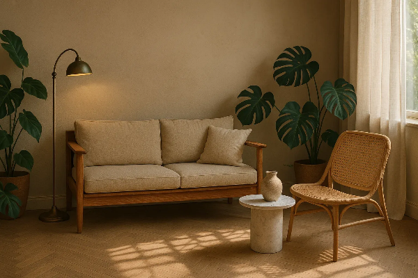 햇살이 드는 창가 옆, 내추럴 톤의 소파와 식물이 어우러진 따뜻한 거실 인테리어