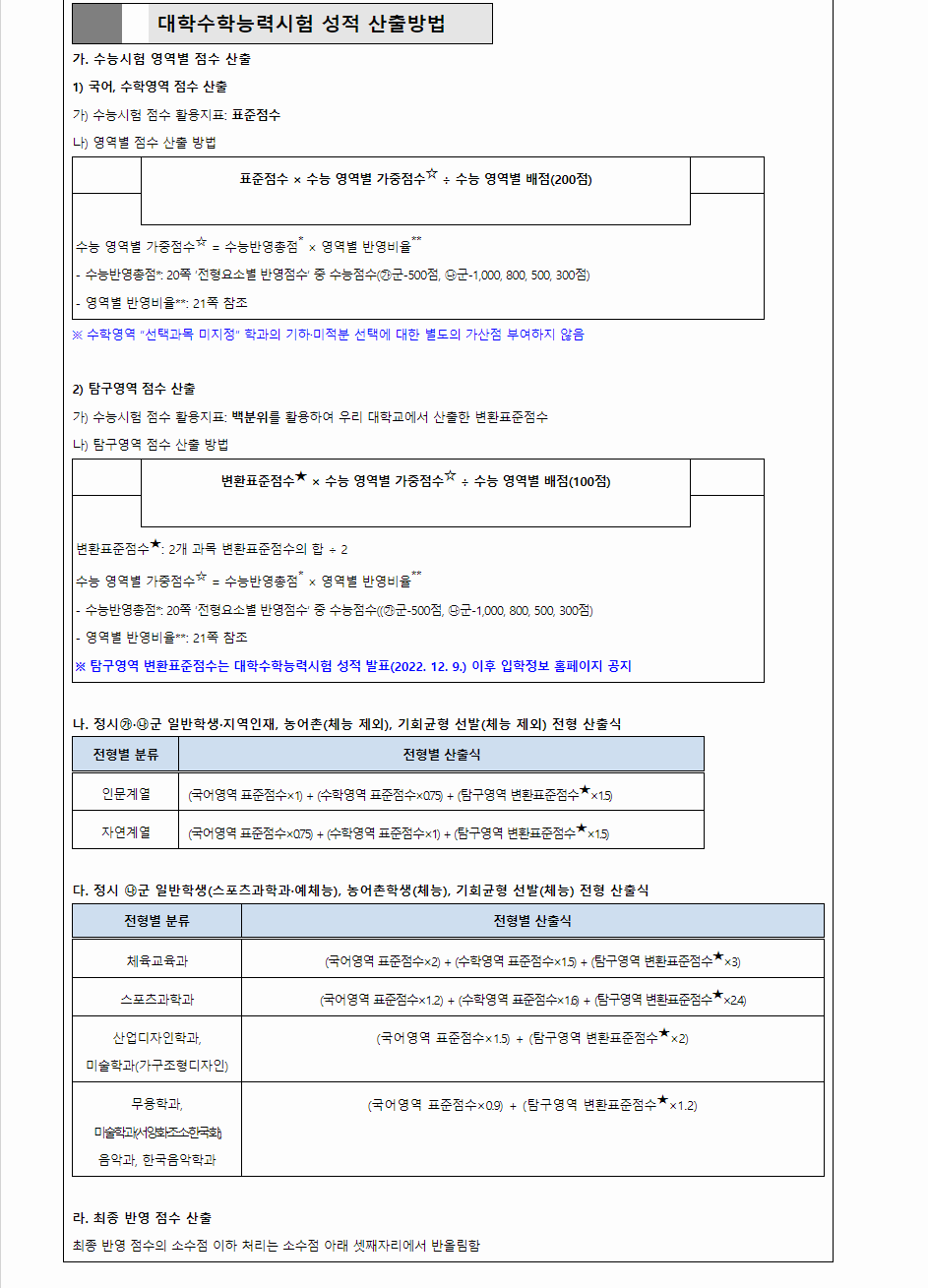 2024학년도 전북대학교 수능위주전형 수능 성적 산출방법