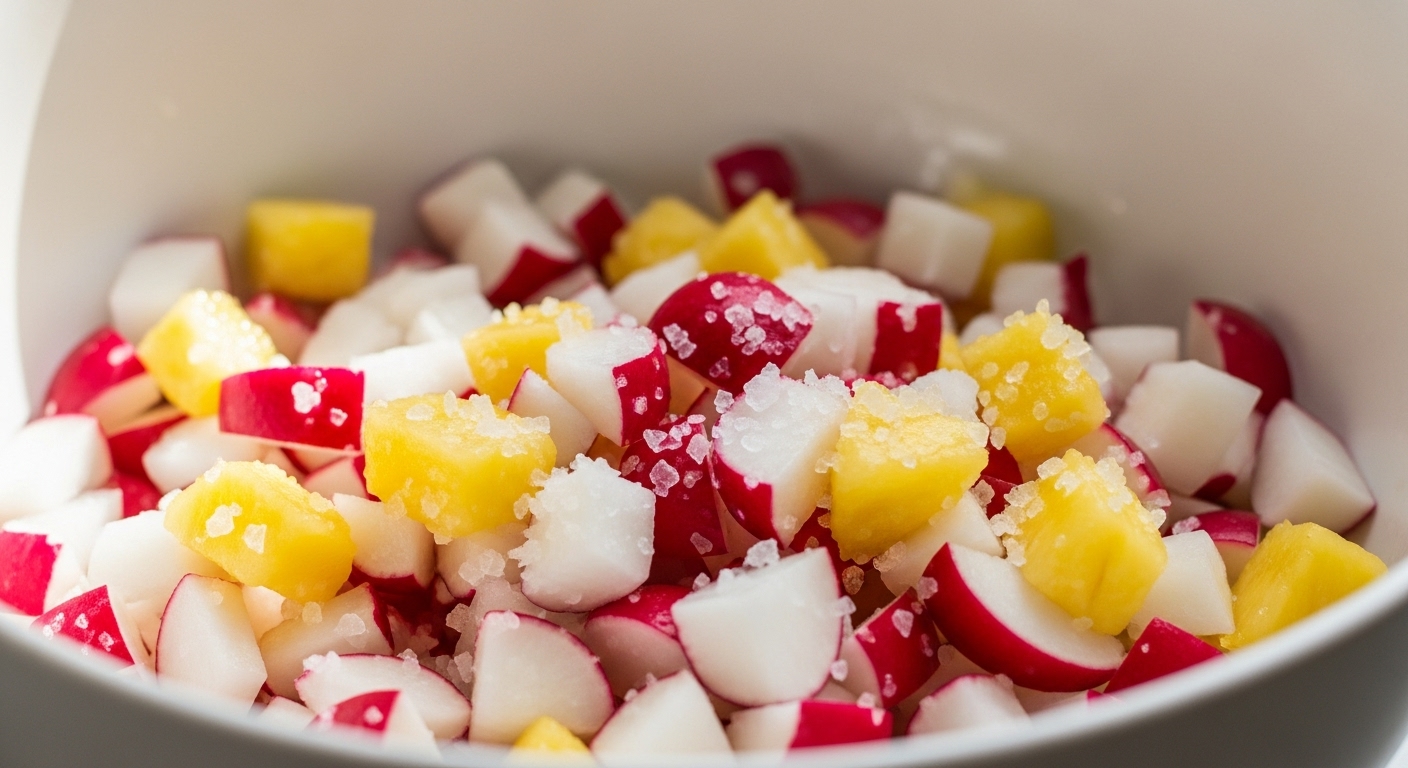 깍둑썰기 한 무와 파인애플 조각을 굵은 소금에 절이는 과정의 클로즈업.