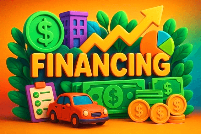 자동차, 달러 마크, 건물들이 있다. 주황색 영문자로 FINANCING이 적혀있다.