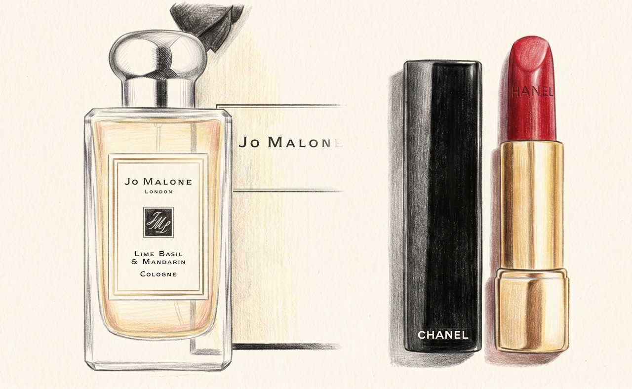Color pencil drawing of Jo Malone Lime Basil &amp; Mandarin and Chanel lipstick (색연필로 그린 조말론 라임 바질 앤 만다린과 샤넬 립스틱 일러스트)