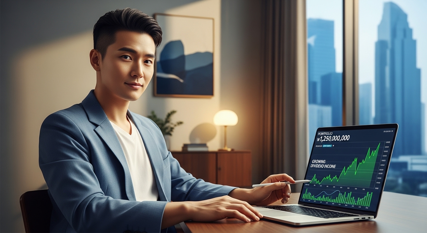 A stylish and modern young Korean person (MZ generation) looking confidently at a laptop or tablet, which displays stock charts and growing dividend income. The background should be a subtle financial cityscape or a warm, cozy interior, conveying both ambition and comfort. Use a color palette aligned with the blue-gray theme. Realistic, professional photography style.