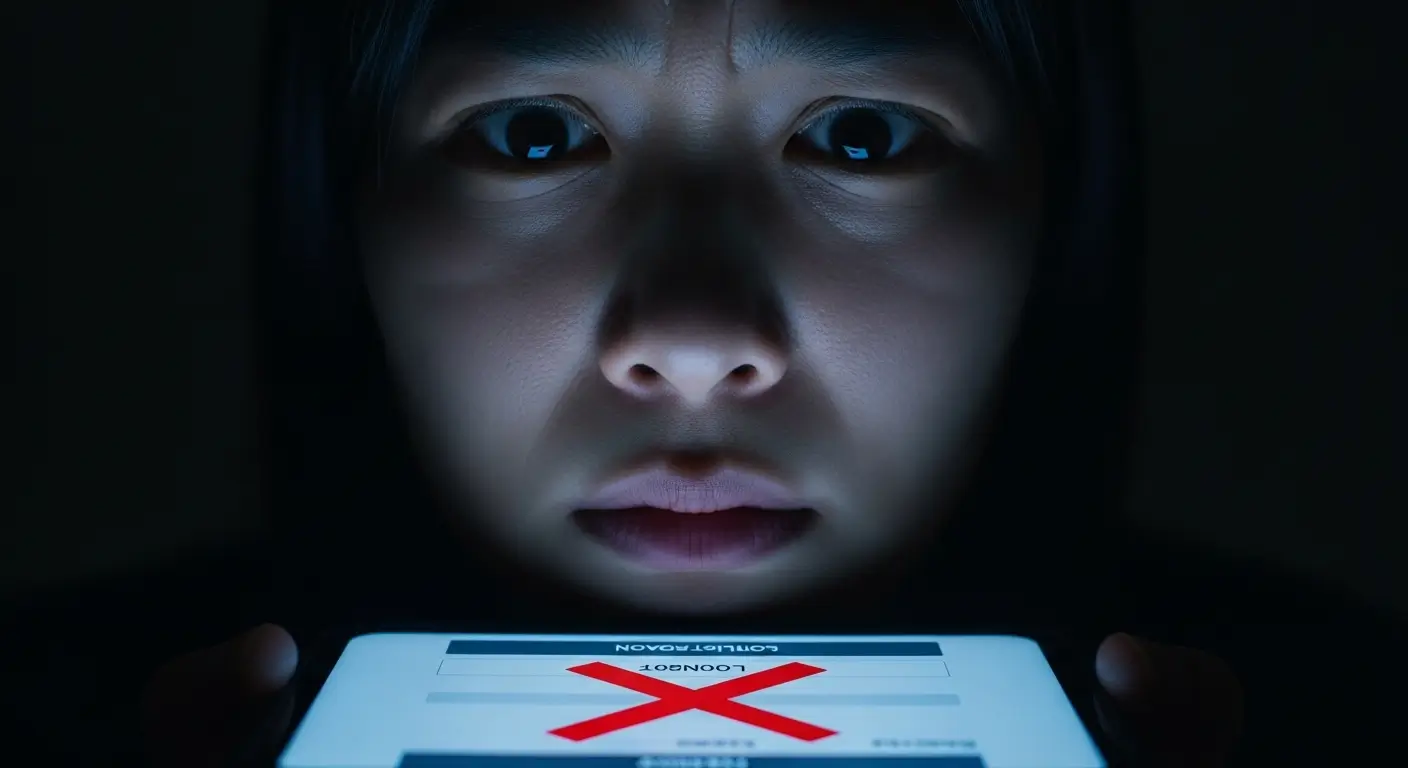 스마트폰 화면에 뜬 바로크레디트대부 부결(X 표시) 알림을 보고 좌절하는 한국인 사용자