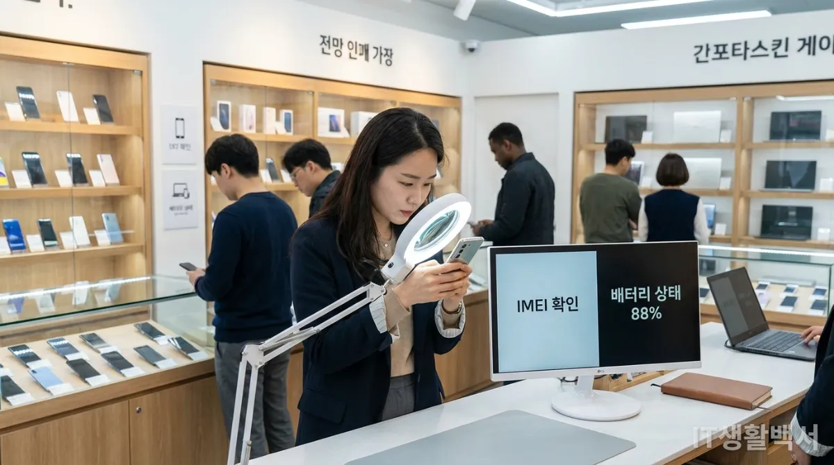 중고 스마트폰을 꼼꼼히 확인하는 한국 소비자