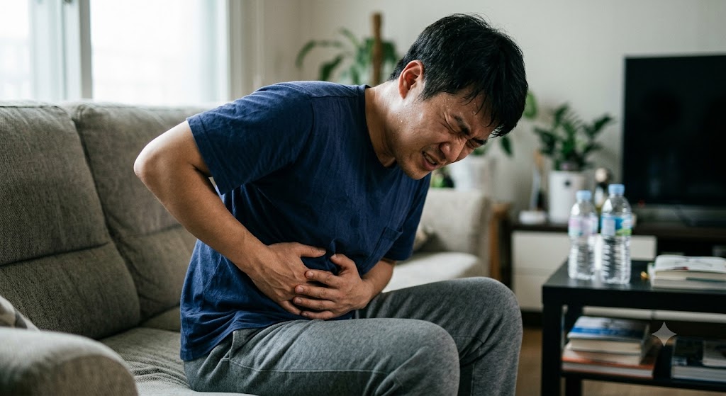 배가 아파 복부를 부여잡고 있는 남성 이미지