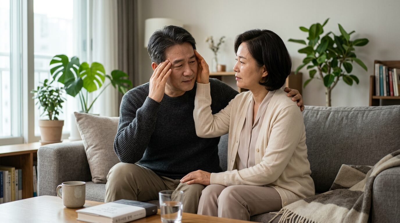 이마를 만지며 두통을 느끼는 중년 남녀