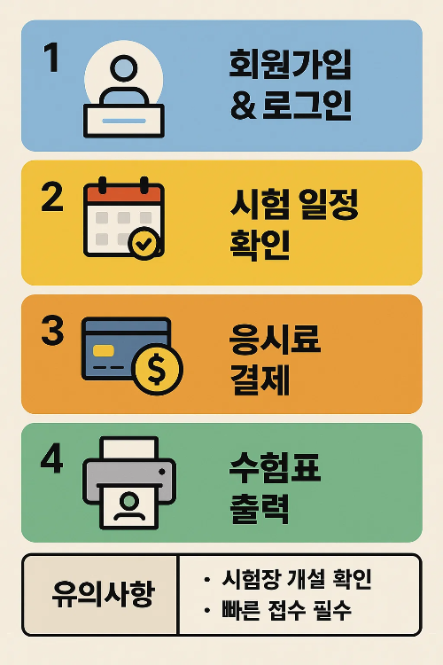 컴활2급 자격증 시험 응시를 위한 회원가입 로그인, 시험 일정 확인, 응시료 결제, 수험표 출력 과정과 시험장 개설 여부 및 빠른 접수 필요성을 알려주는 안내 이미지