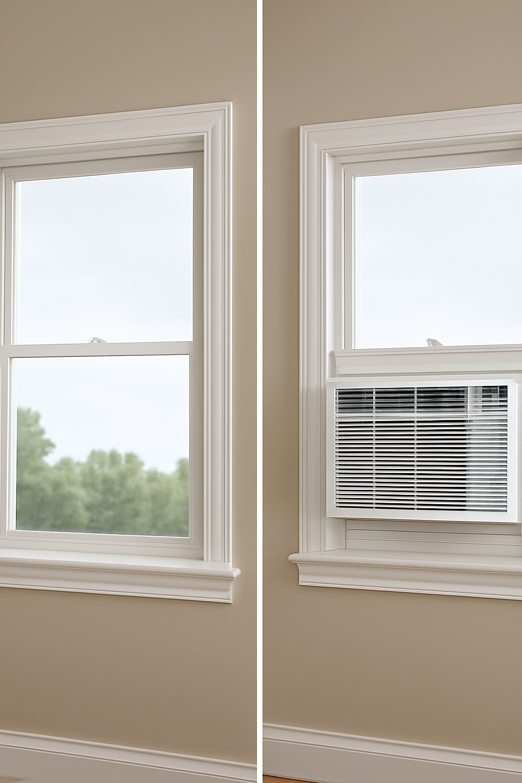 창문형 에어컨 설치 전후 비교 사진 - 원룸 창문에 깔끔하게 설치된 모습