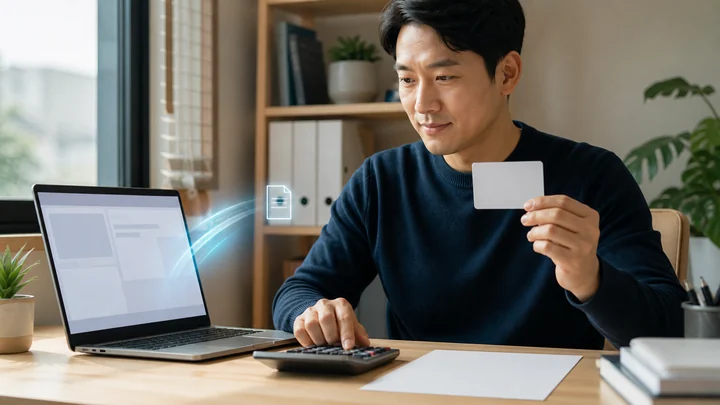 노트북에서 전자세금계산서 발행 자료를 확인하는 소규모 사업자