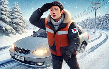 눈길 위에서 조심스럽게 운전하는 차량