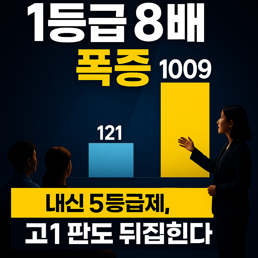 강연장에서 학생과 학부모가 내신 제도 개편 설명을 듣는 장면, 5등급제 1등급 확대를 강조한 인포그래픽