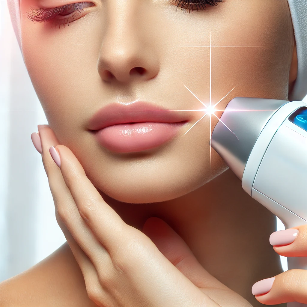 피부과 레이저 시술을 다룬 블로그 글의 썸네일 이미지로, 밝은 배경에 매끄럽고 깨끗한 피부가 강조된 얼굴과 얼굴에 부드럽게 닿는 레이저 기기가 표현되어 있습니다. 'Laser Treatment Guide: Costs, Procedures, and Aftercare'라는 문구가 깔끔한 폰트로 삽입된 이미지.