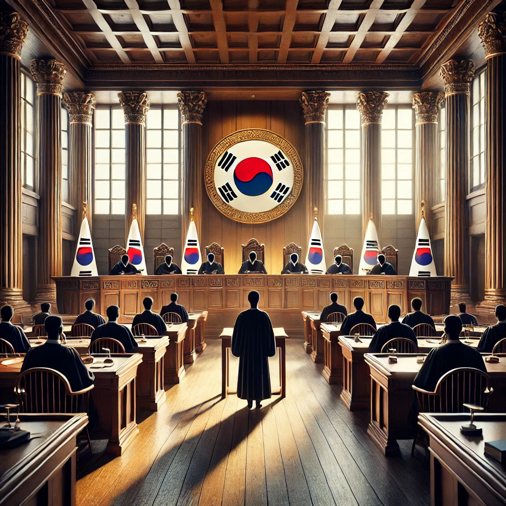 전통적인 분위기의 헌법재판소 법정에서 심판이 열리는 장면 