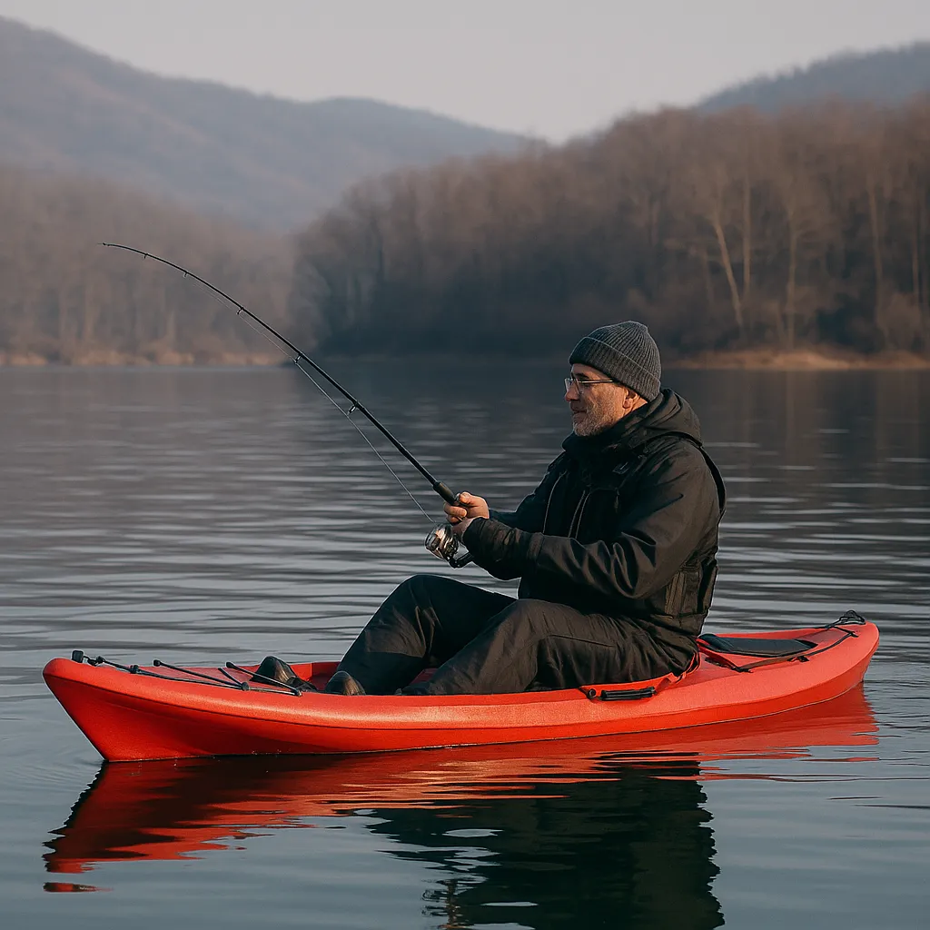 충주호에서 카약을 타고 배스를 낚는 중년 남성