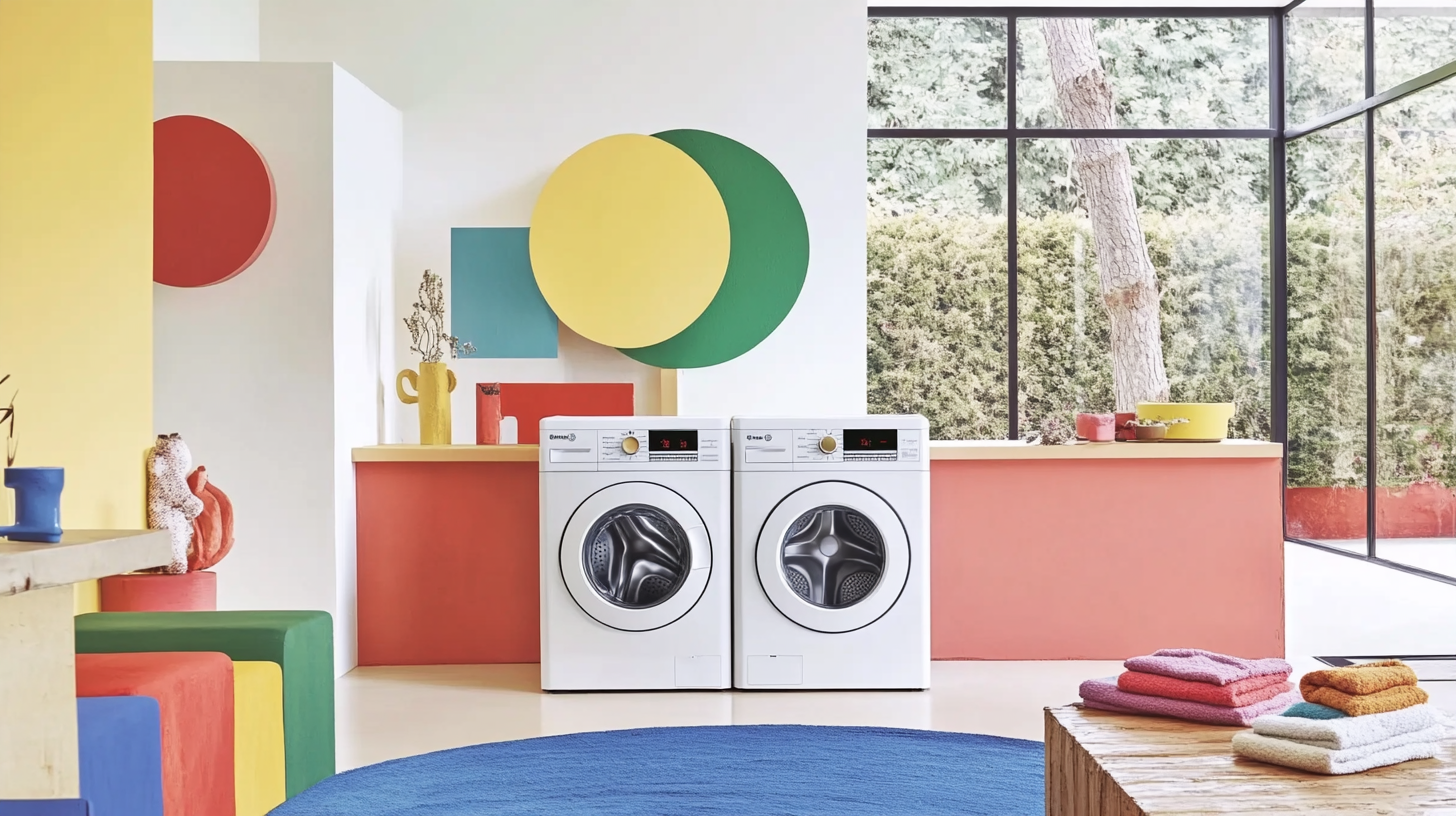 최신 기술이 적용된 세탁기와 건조기 세트가 현대적인 집의 세련된 인테리어와 함께 배치되어 있으며, 스마트 기능과 친환경 디자인이 강조된 모습.