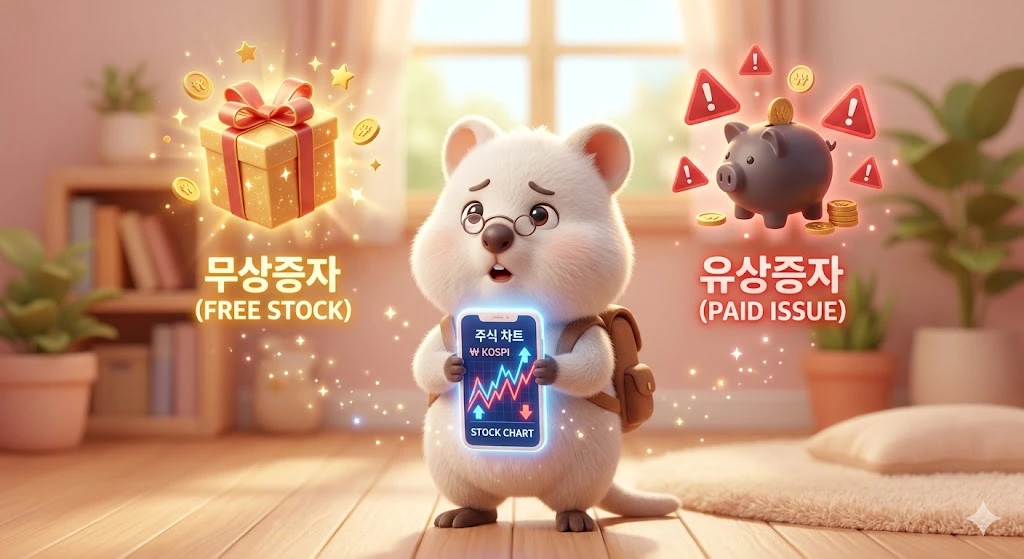 스마트폰 주식 차트를 들고 당황한 백쿼카 양옆으로 공짜 주식을 의미하는 황금 선물상자(무상증자)와 경고 표시가 뜬 돼지저금통(유상증자)이 떠 있는 3D 픽사 스타일 일러스트.