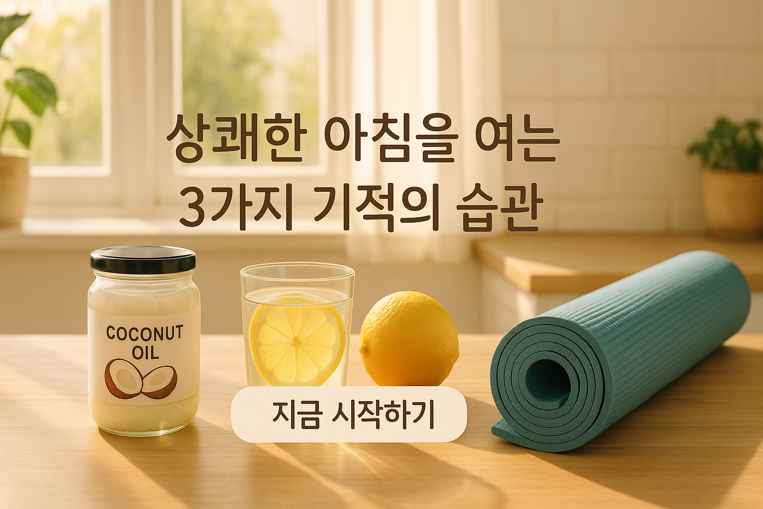 아침 햇살이 비치는 주방 테이블 위에 코코넛 오일, 레몬을 넣은 물컵, 요가매트가 놓여있는 모습. 아침 공복 건강 습관을 상징하는 이미지.