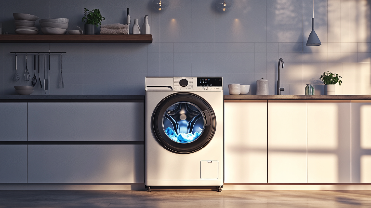 하이테크 자동 세척 기능을 갖춘 세탁기가 현대적인 주방 환경에서 혁신성을 자랑하며 돋보이는 모습.