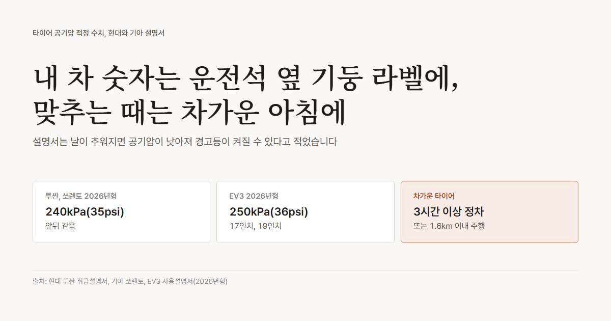 타이어 공기압 적정 수치 요약, 투싼과 쏘렌토 2026년형 240kPa(35psi), EV3 2026년형 250kPa(36psi), 차가운 타이어 기준은 약 3시간 이상 세워 둔 상태, 라벨은 운전석 옆 센터 필러, 해발 고도 1km마다 1.5psi 보충