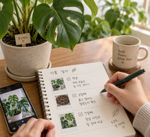 테이블에서 식물 일지를 쓰는 사람의 손이 보이는 이미지 입니다. 테이블 노트에는 첫날 &mdash; 전체 모습과 잎 사진 남기기
3일째 &mdash; 흙이 얼마나 말랐는지 확인 7일째 &mdash; 첫날 사진과 잎 상태 비교를 적어 두었습니다.