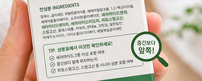 화장품 전성분표에서 세라마이드 엔피, 에이피, 이오피 위치와 피토스핑고신 등 시너지 성분 확인 방법 설명 이미지