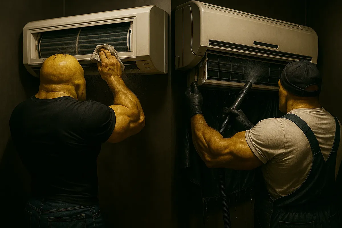 에어컨 청소하는 근육질 남성들
