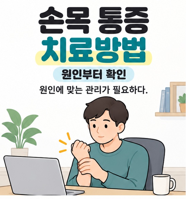 손목 통증 치료방법과 원인부터 확인 문구 아래 노트북 작업을 멈추고 반대 손으로 손목을 감싼 남성