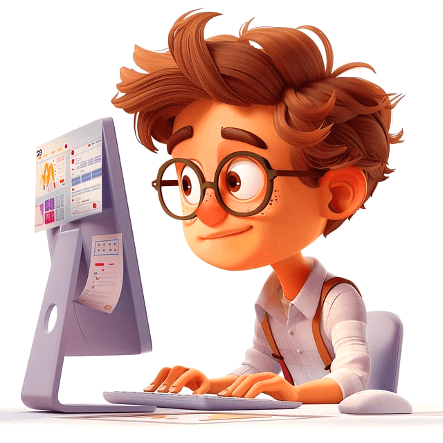 갈색머리 남자 직원이 컴퓨터 앞에 앉아서 일을 하고 있다.