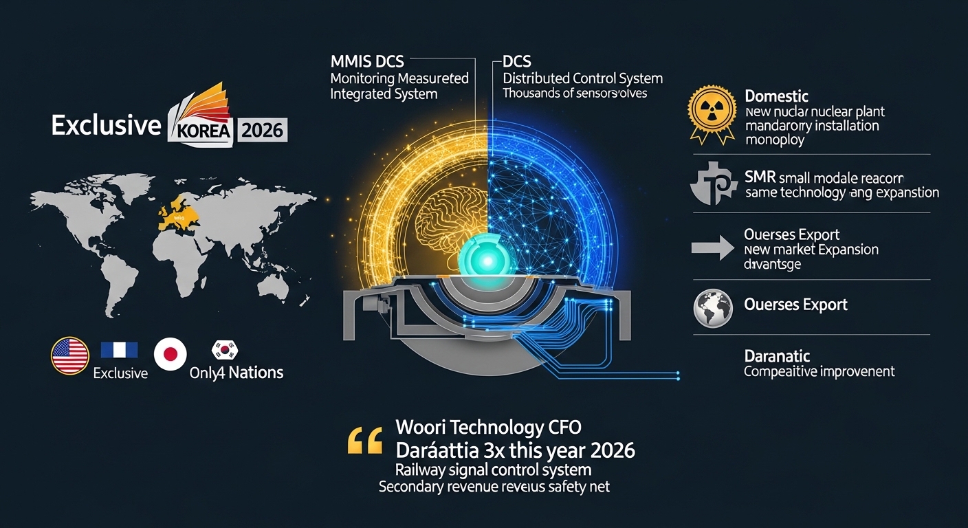 MMIS DCS nuclear power plant control system technology exclusive Korea infographic 2026, dark navy background, center cross-section diagram of nuclear reactor with labeled systems outer ring MMIS Monitoring Measurement Integrated System brain neural network gold glowing, inner ring DCS Distributed Control System thousands of sensors valves blue network lines, center reactor core safe operation teal glow, left panel world exclusive countries map USA France Japan Korea highlighted gold only four nations flag icons, right panel benefits domestic new nuclear plant mandatory installation monopoly badge, SMR small modular reactor same technology new market expansion arrow, overseas export competitive advantage globe, bottom Woori Technology CFO quote bubble nuclear revenue 3x this year 2026 dramatic improvement white bold, railway signal control system secondary revenue safety net silver badge, professional dark navy technical infographic