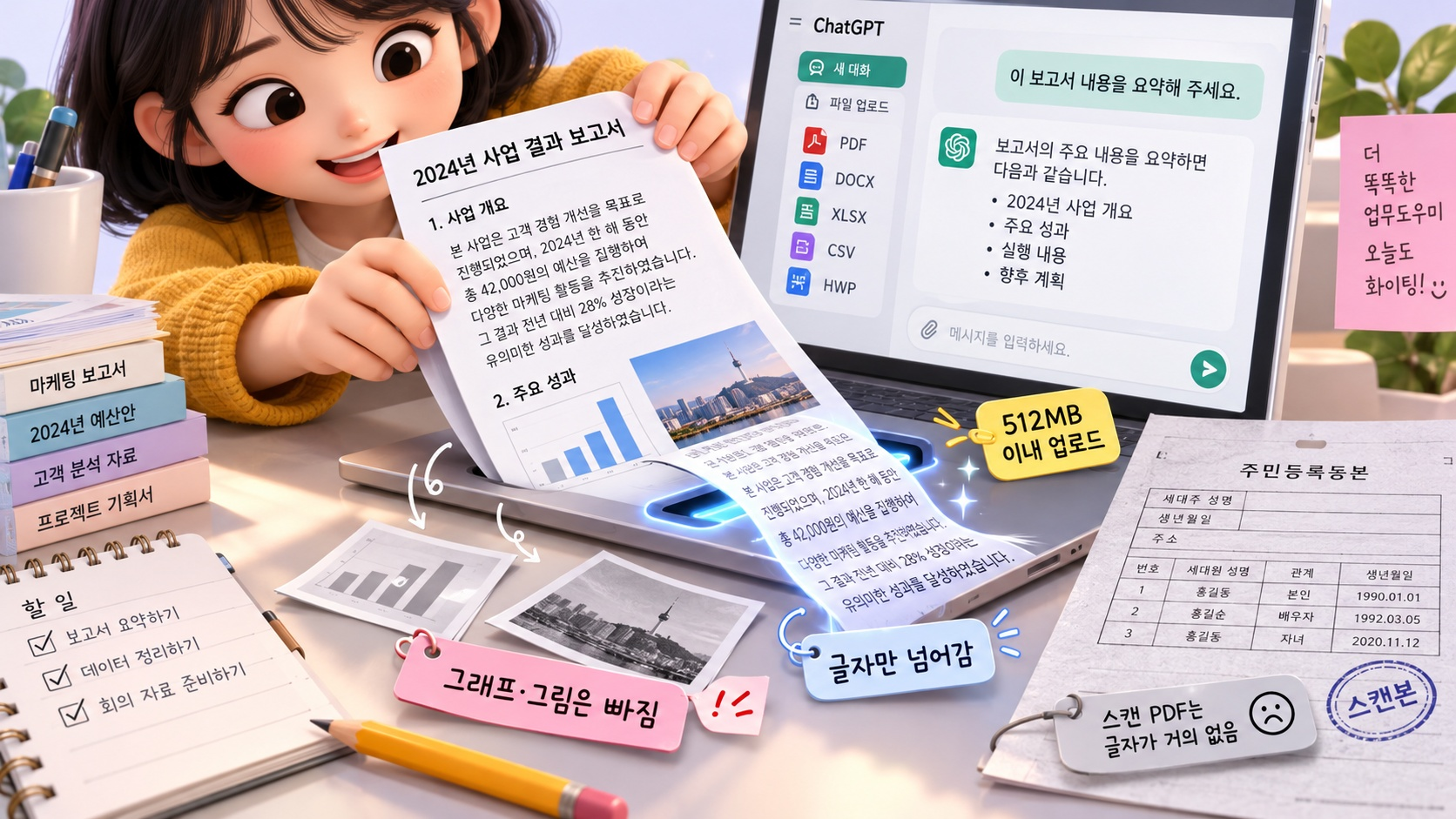 PDF 속 그림은 빠지고 글자만 넘어가는 모습을 보는 캐릭터