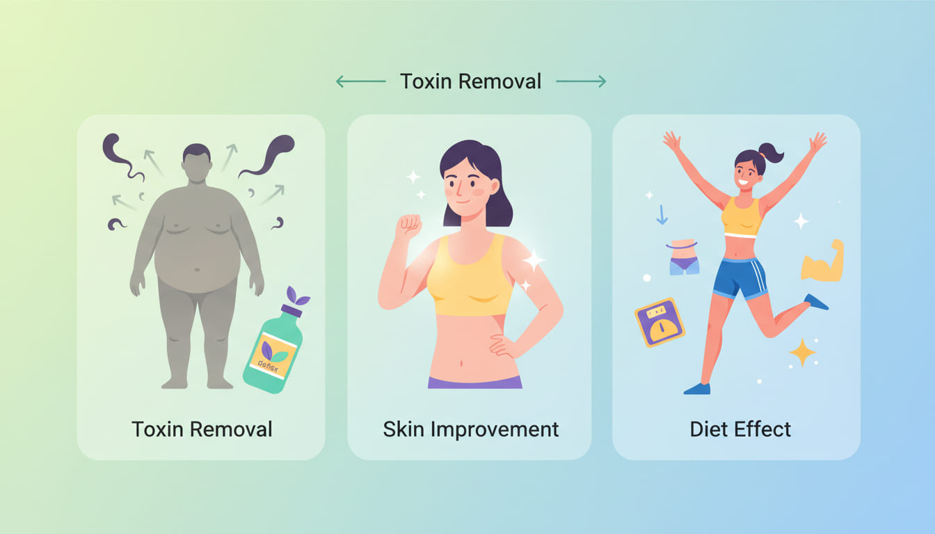 해독 후 몸이 가벼워지고 활력이 올라가는 효과를 보여주는 그래픽
