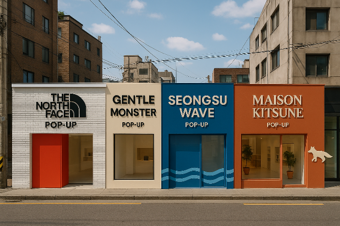 성수동 거리의 다양한 팝업스토어 외관