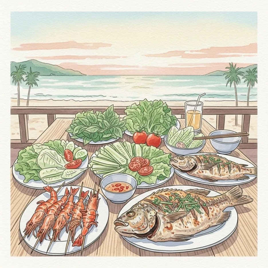나트랑 해변가 식당에서 맛있는 해산물 요리를 즐기는 모습