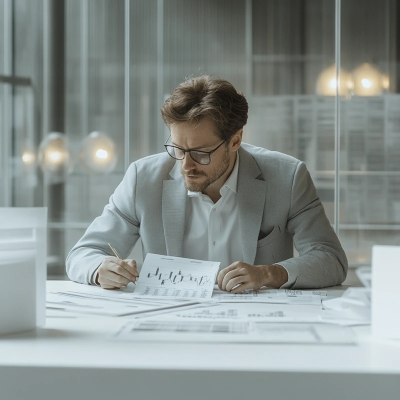 고수익 연금 ETF 종목의 성과를 그래프로 분석하는 금융 분석가, 세련된 사무 공간에서 전문성과 신뢰감을 자아내는 부드러운 조명 하에 집중된 모습