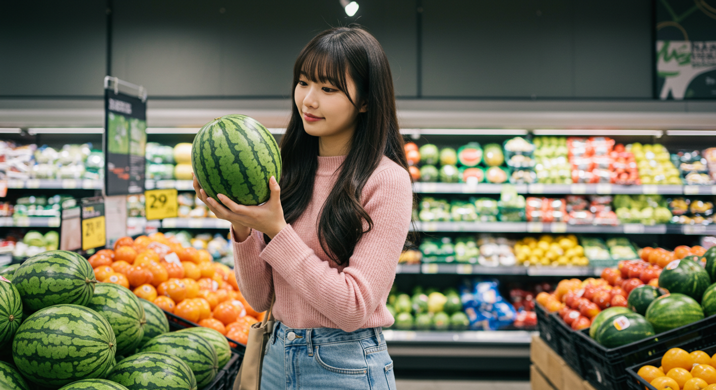 마트에서 수박을 고르고있는 한국 여성 이미지.