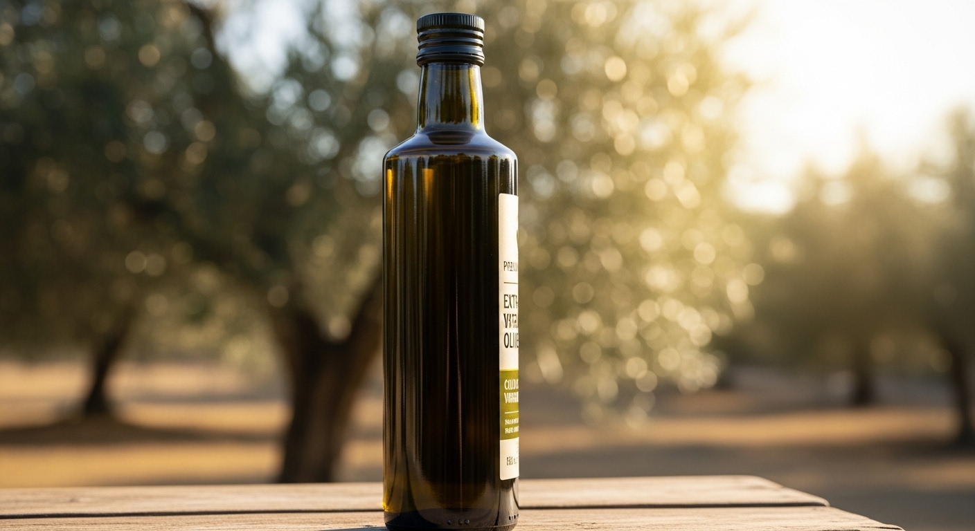 진한 녹색 유리병에 담긴 최고급 엑스트라 버진 올리브오일이 서늘한 올리브 밭을 배경으로 서 있는 모습. 신선하고 순수한 품질을 강조합니다.