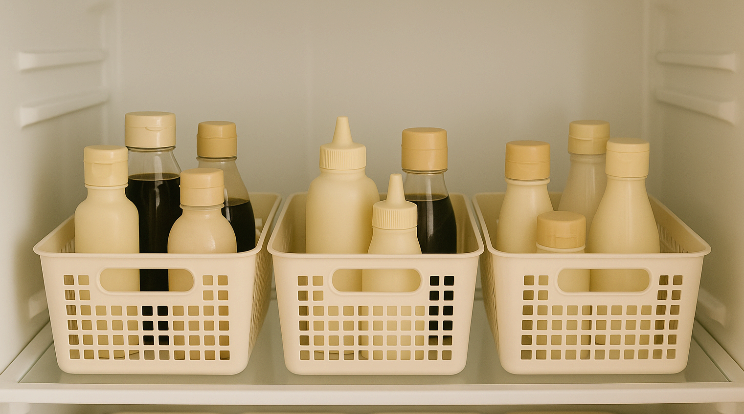 냉장고 속 바구니에 그룹별로 정리된 양념