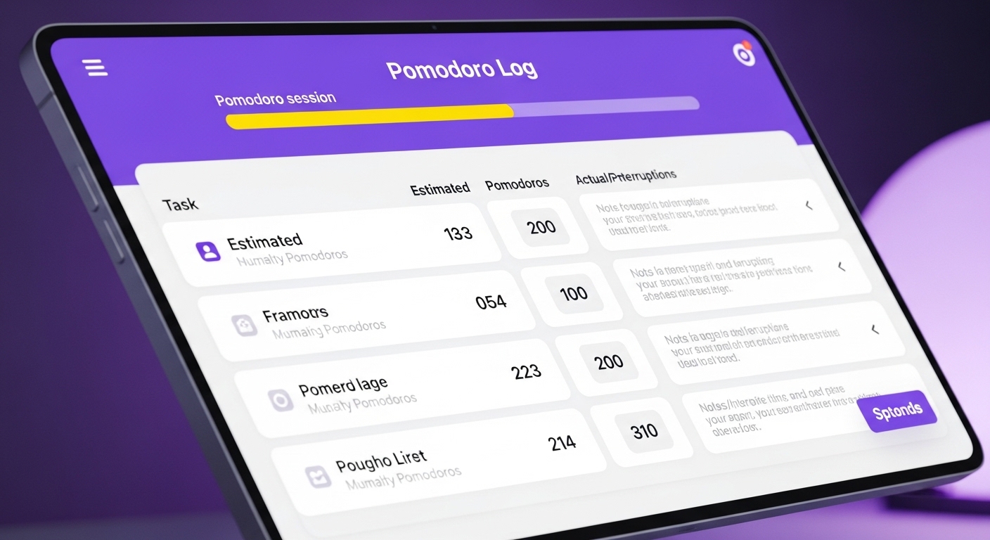 뽀모도로 일지 화면. 작업 목록과 예상/실제 뽀모도로 단위가 기록되어 있어 계획적인 시간 관리를 보여준다.