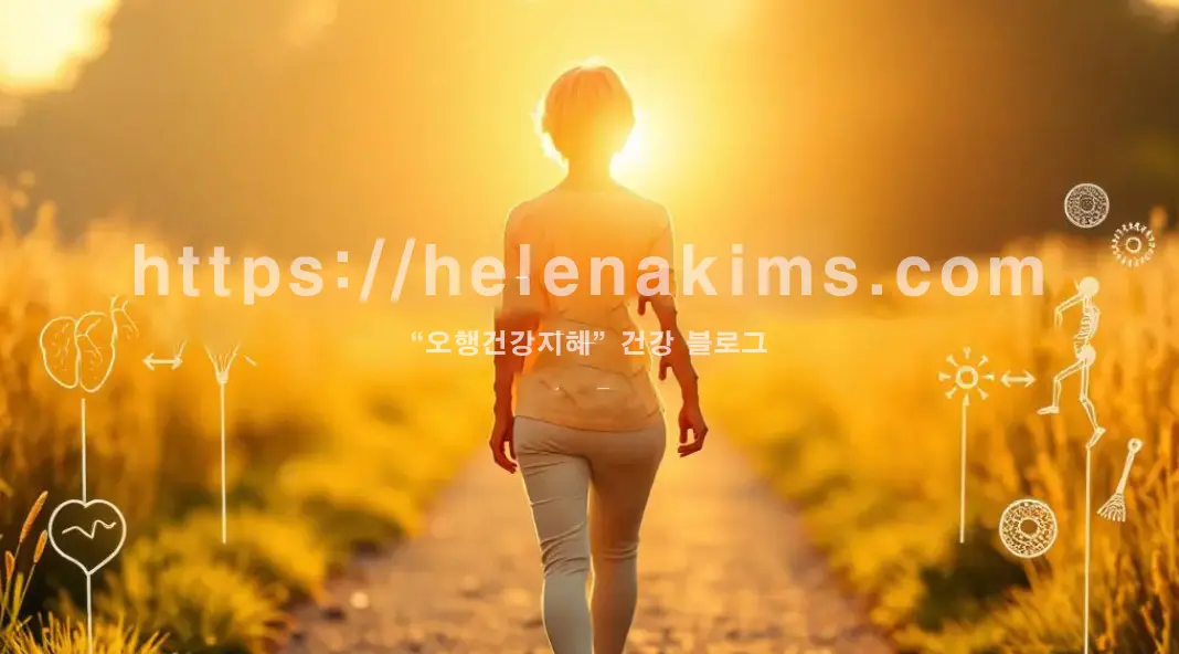 햇빛이 비추는 길을 걷는 활기찬 중년 여성의 뒷모습. 길가에는 심장, 뇌, 뼈, 세포 등 중년 주요 질병을 상징하는 아이콘들이 어렴풋이 보인다.