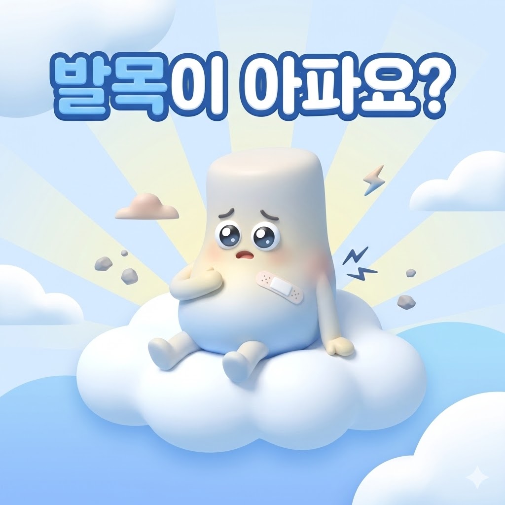 밴드를 붙인 채 살짝 찡그린 귀여운 발목 캐릭터가 아픈 부위를 만지고 있는 모습. '발목이 아파요?'라는 문구가 크게 쓰여 있음.