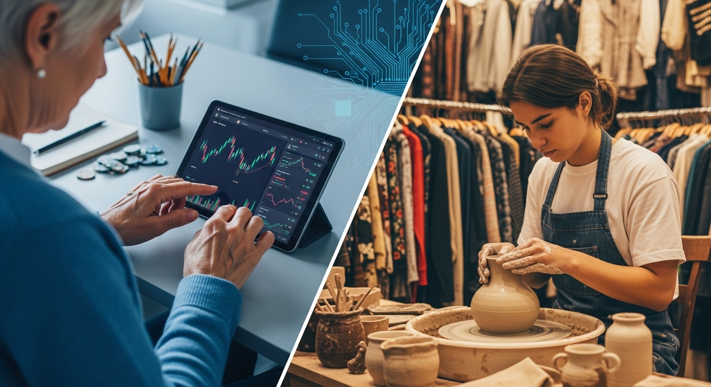 한쪽에서는 고령층이 첨단 기기를 사용하고, 다른 쪽에서는 젊은 층이 전통 공예나 빈티지 패션을 즐기는 모습을 대비하여 옴니보어 소비의 특징인 다양한 취향과 경계 없는 선택을 시각적으로 보여줍니다.