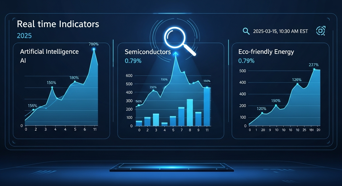 2025년 인공지능, 반도체, 친환경 에너지 등 유망 섹터의 성장세를 보여주는 미래지향적인 주식 시장 분석 대시보드.
