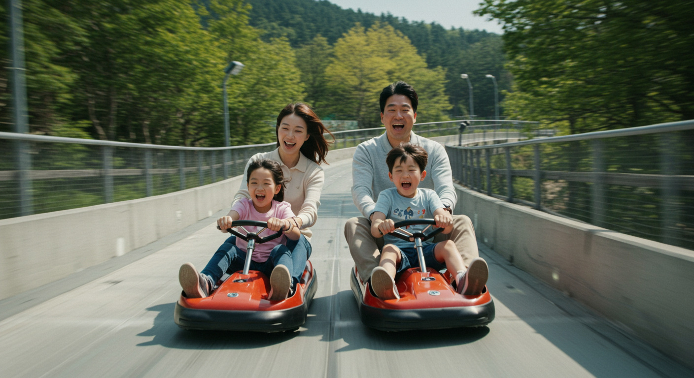 평창 알펜시아 루지 트랙에서 루지를 타는 가족