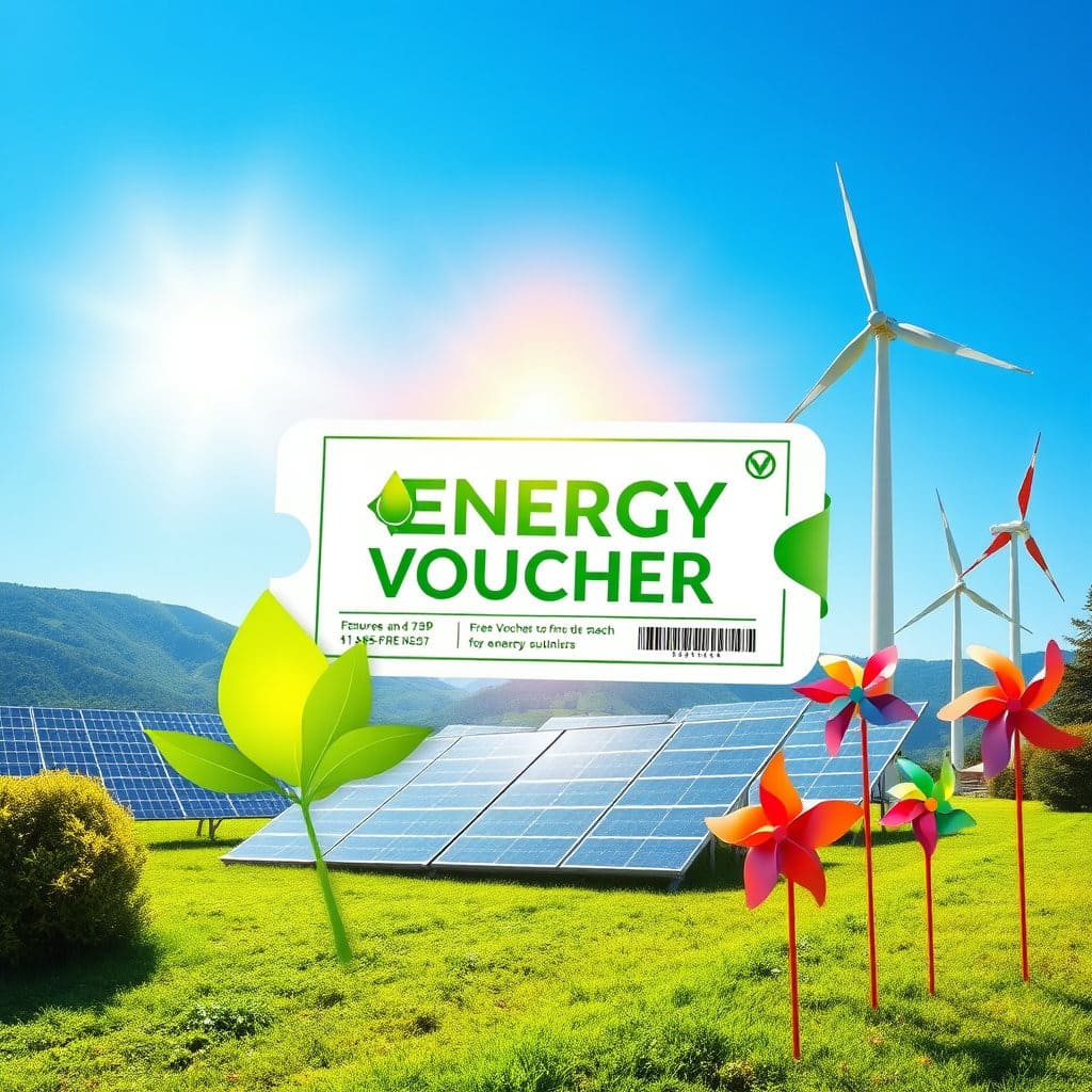 에너지바우처 사용이 단순한 지원을 넘어 에너지 효율 향상이나 친환경 에너지 사용으로 이어지는 미래를 상징적으로 보여줍니다. 절약 마크, 태양광 패널, 바람개비 등의 요소를 포함하여 지속 가능성을 강조합니다.